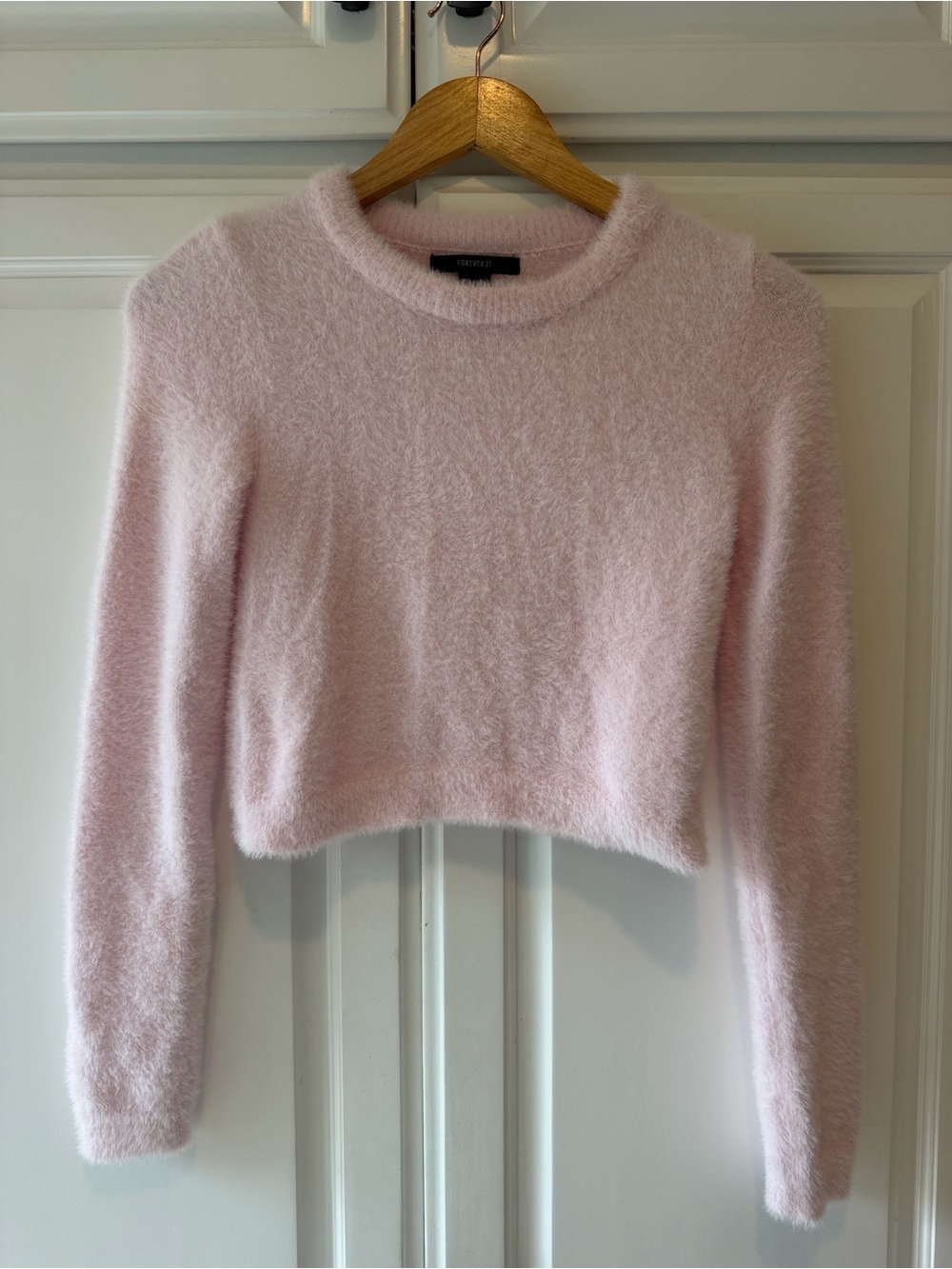 Fuzzy Crewneck Cropped Sweater - Light Pink Size S